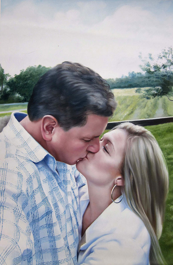 photo to oil painting of white couple kissing outside