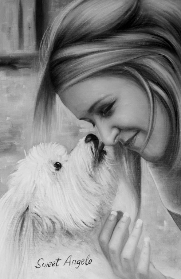 olio bianco e nero ritratto donna e cucciolo amore