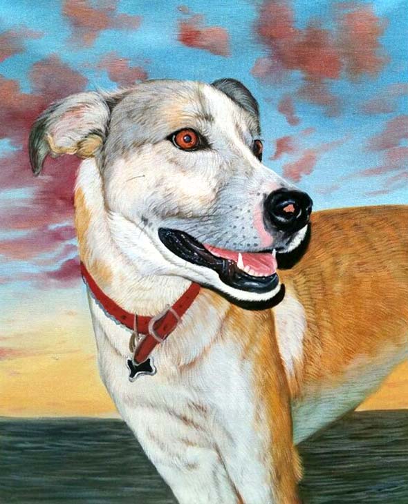 custom acrylic painting of a Mutt out at sea