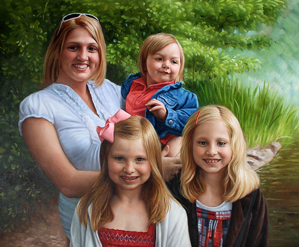 an oil painting of mom with her three kids outdoors