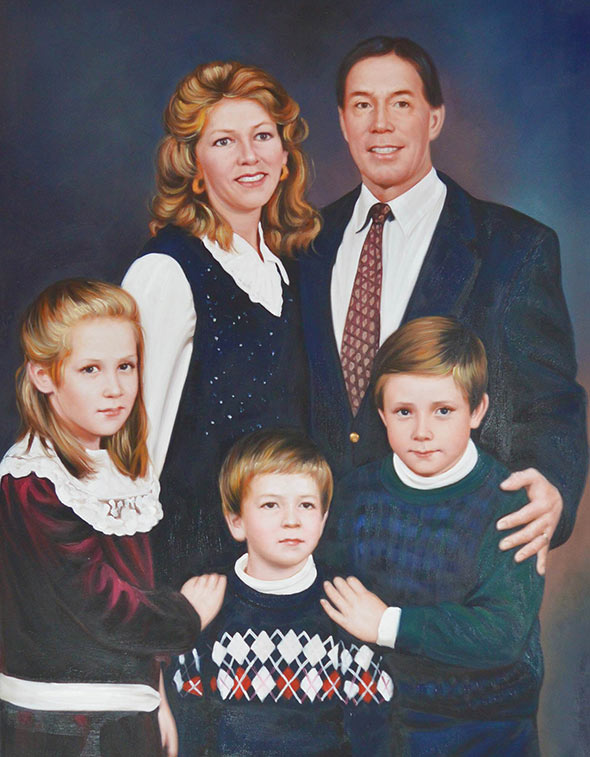 a custom oil paintng of a family in formal attire