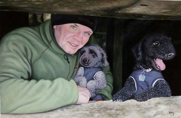 Handmade oil painting of a man and two black poodles