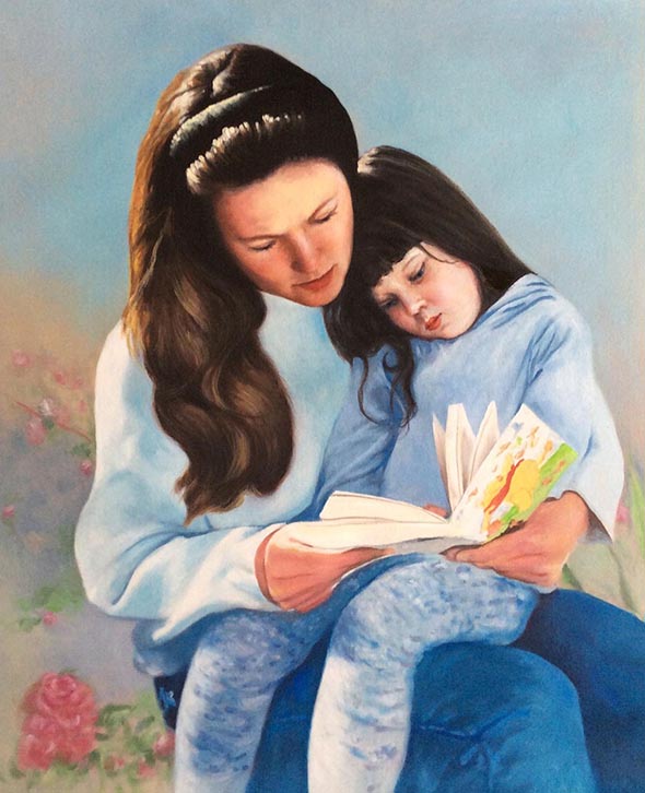 custom acrylic painting of mother and daughter reading 