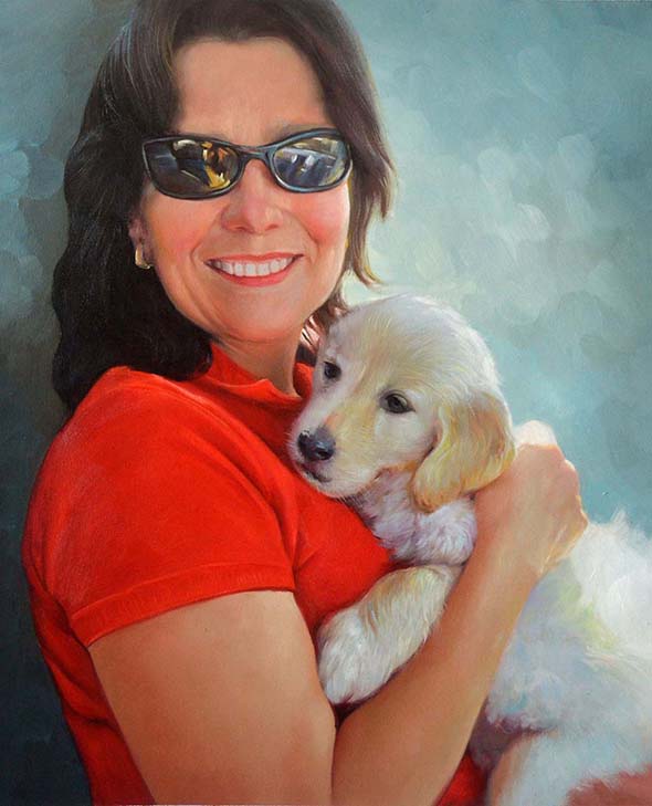 picture to oil canvas woman with small puppy