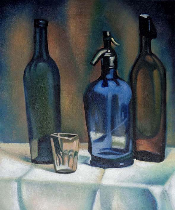 oil painting of three glass bottles