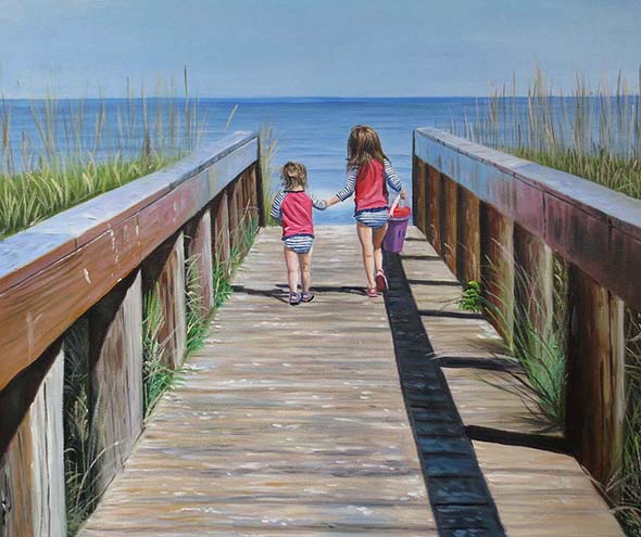 an oil painting of sisters at the beach