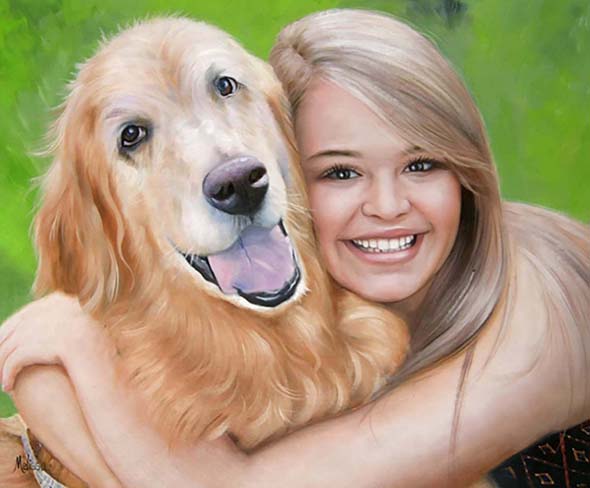 Handmade oil painting blonde girl hugging golden retriever