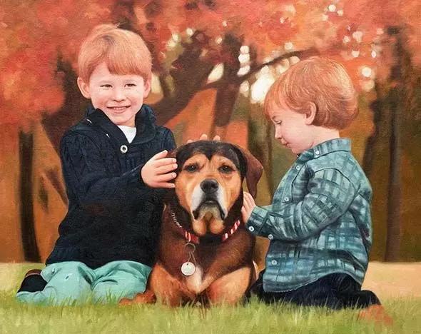 custom oil painting of brothers with dog
