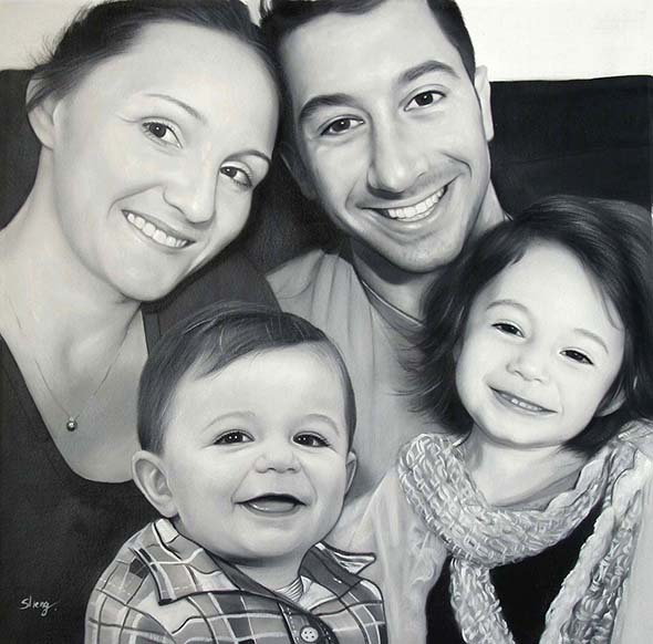 a custom oil paintng of black and white family portrait