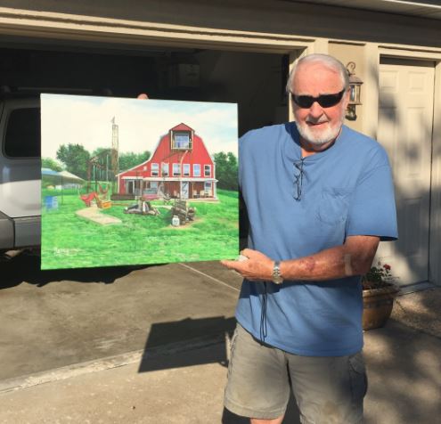 Handmade oil painting of a red barn