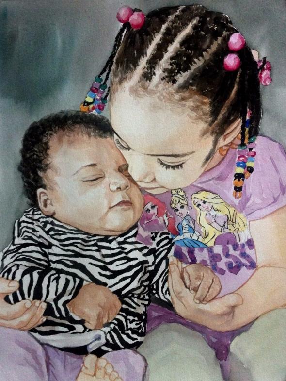 custom watercolor painting of sister holding new born