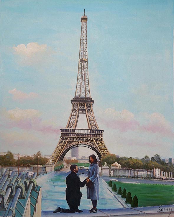 painting from photo of man proposing near Eiffel Tower