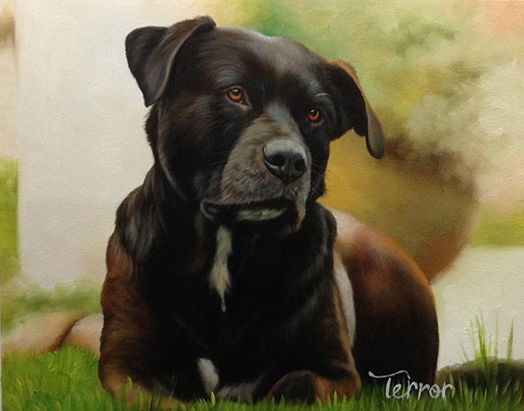 focused dog oil painting