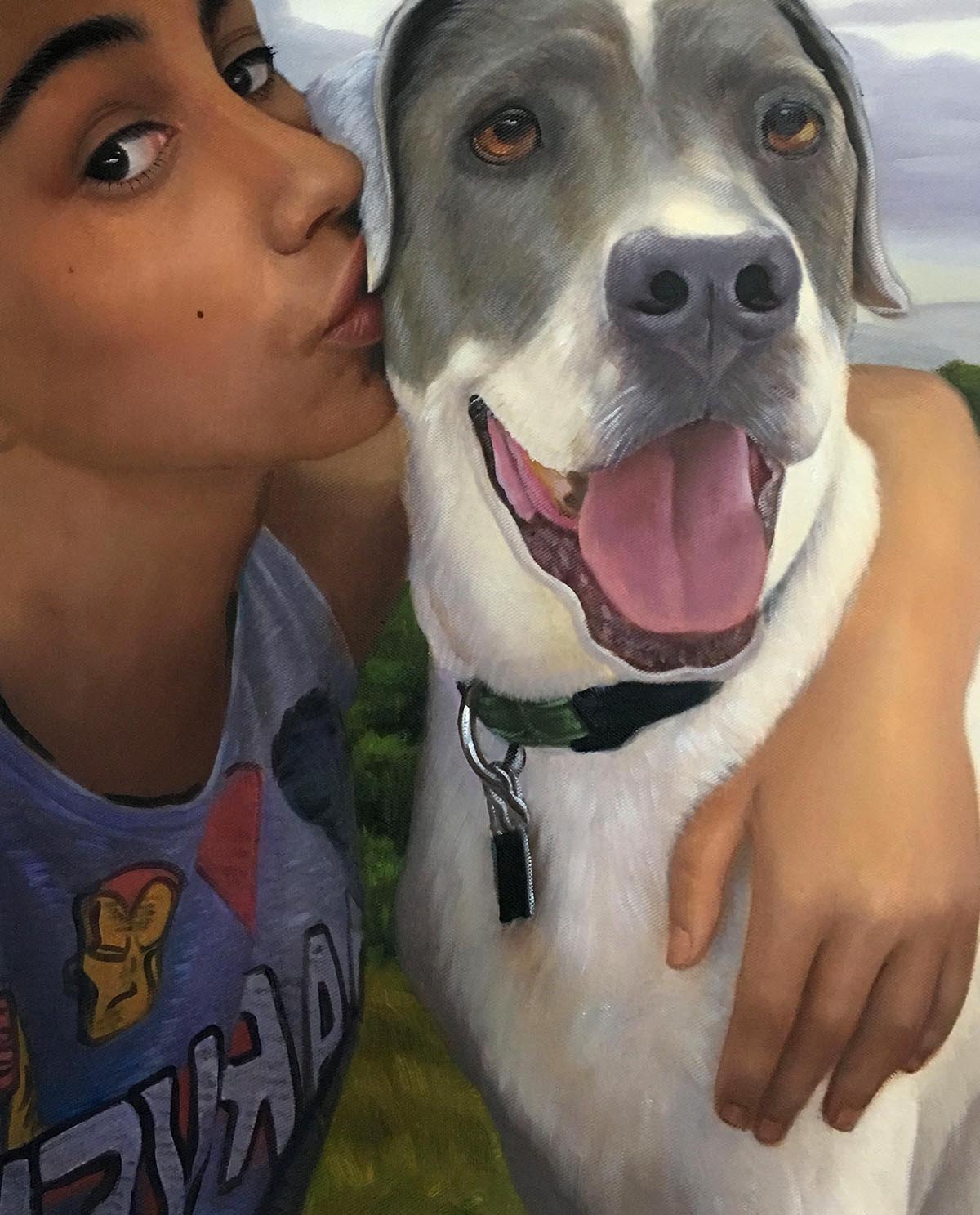 picture to painting of girl kissing dog cheek