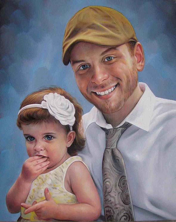an oil painting of a daughter and a father white rose