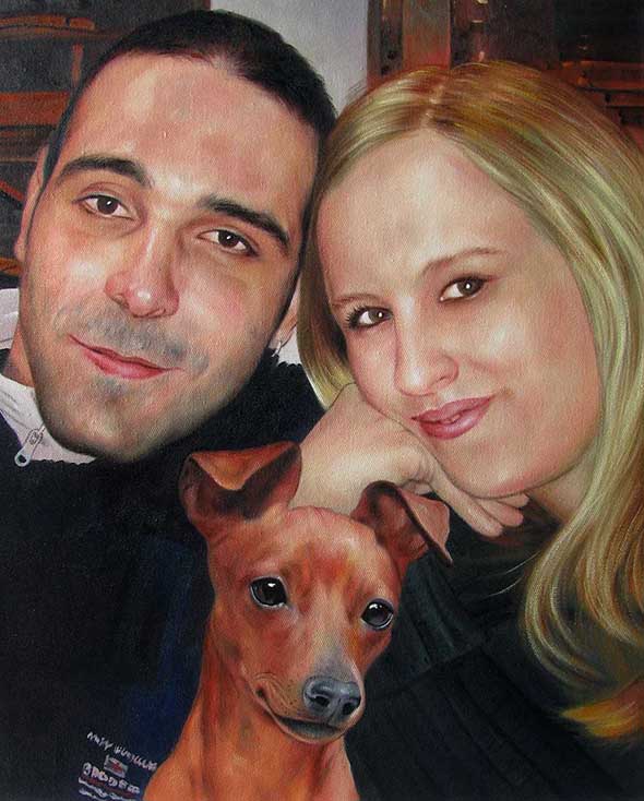 convert picture to painting couple with pet small brown dog