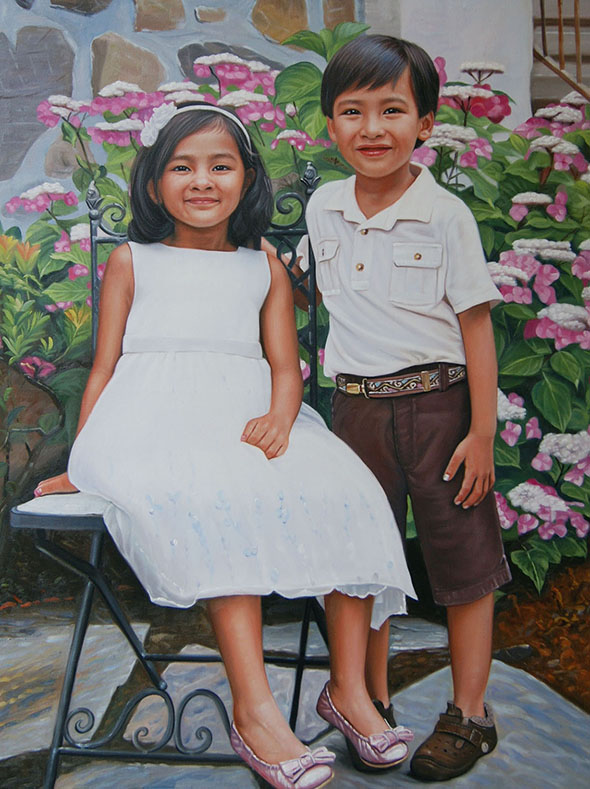 an oil painting of two asian siblings in the garden