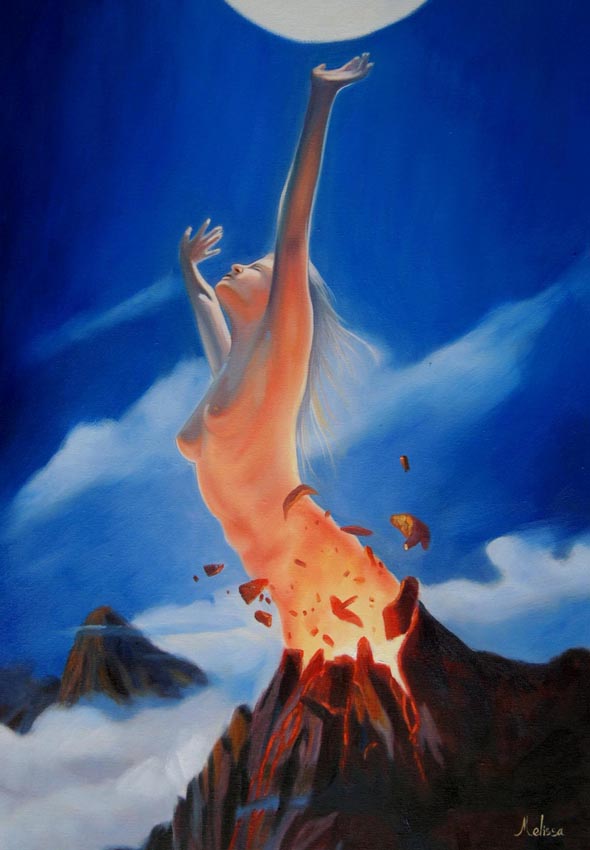 oil painting of woman coming out of volcano