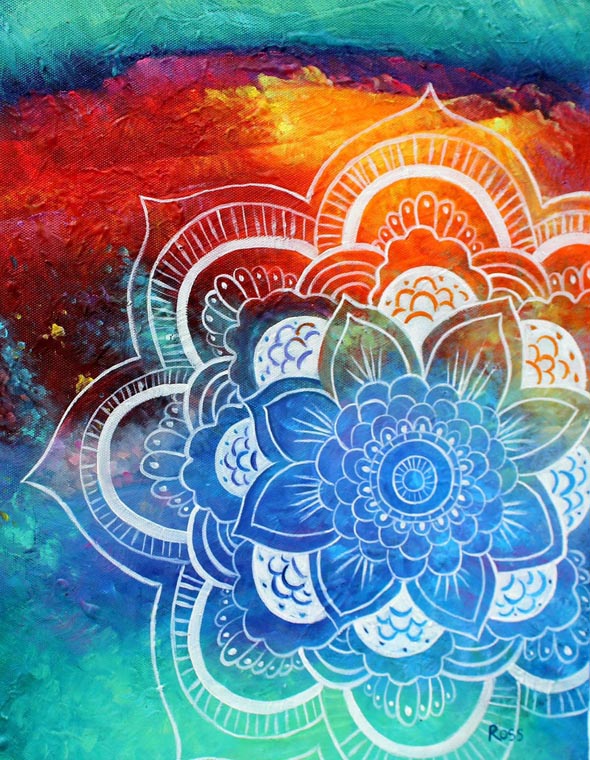 Colorful mandala painting with teal, blue, orange, and red hues.