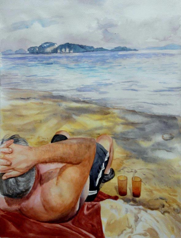 custom watercolor painting of man laying by the beach