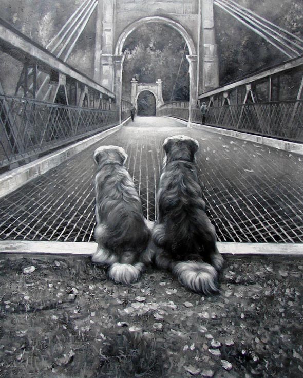 Two dogs sitting on a bridge looking towards a distant archway.