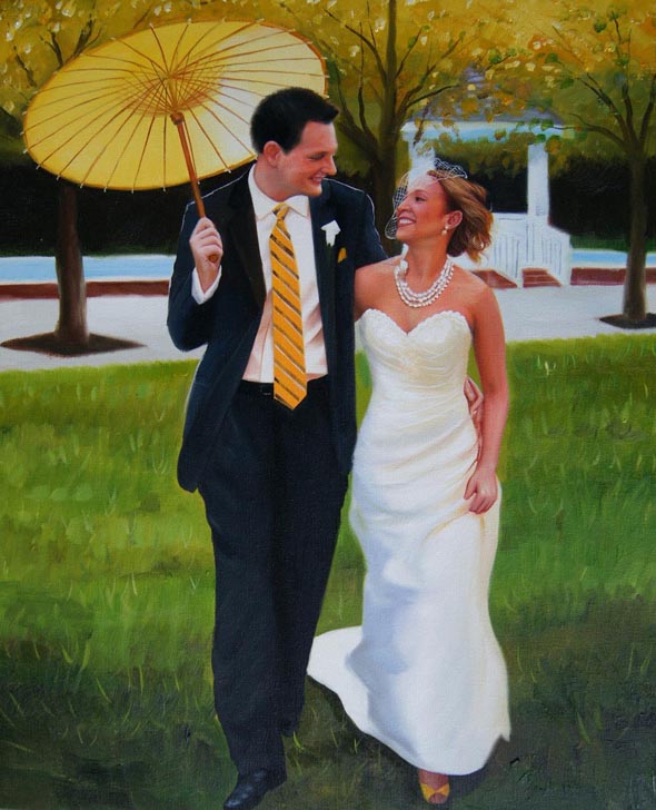 an oil painting of wedding couple with umberlla outdoors