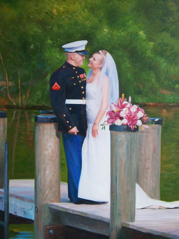 an oil painting of solider and a bride on the dock