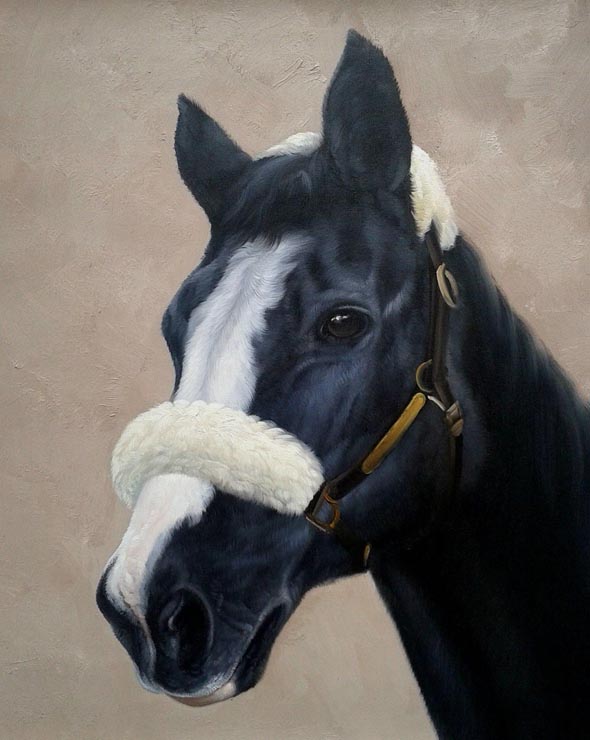 Painting of a black horse with a white blaze and a cream-colored browband.