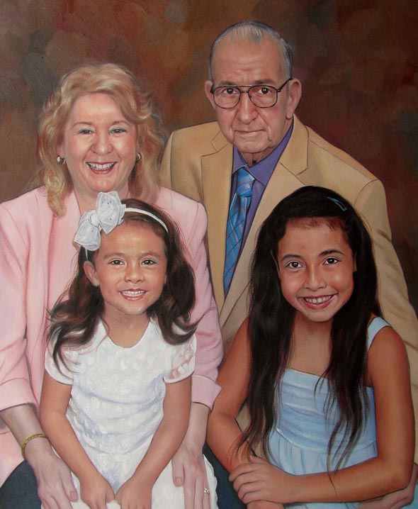 Family portrait painting: grandparents, mother, and two granddaughters.