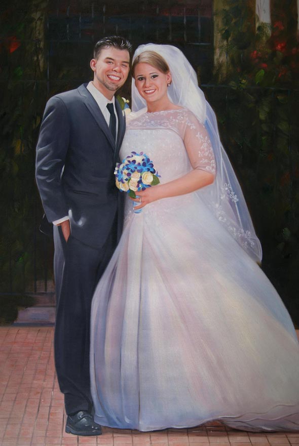 a custom oil painting of a wedding couple