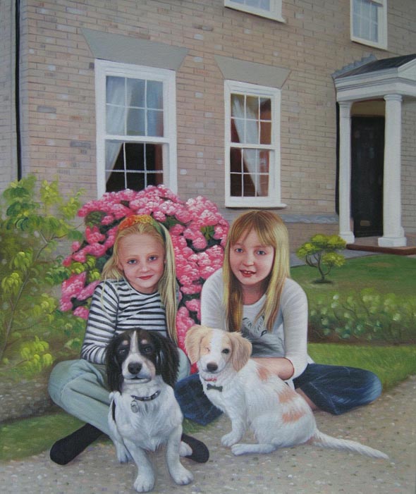 Painting of two girls and two small dogs sitting in front of a house.