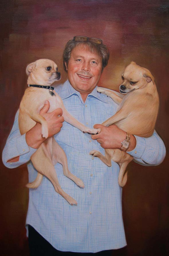 Custom oil portrait of a guy holding two dogs