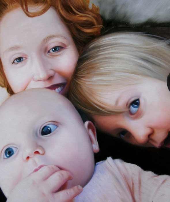 an oil portrait of mother and her two children