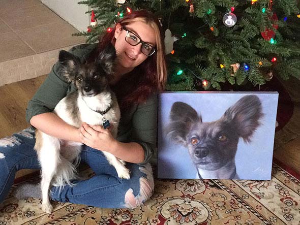 My daughter moved to Arizona and couldn`t take her dog. I had a painting done for her for Christmas and it came out great. As you can tell, she loves it.