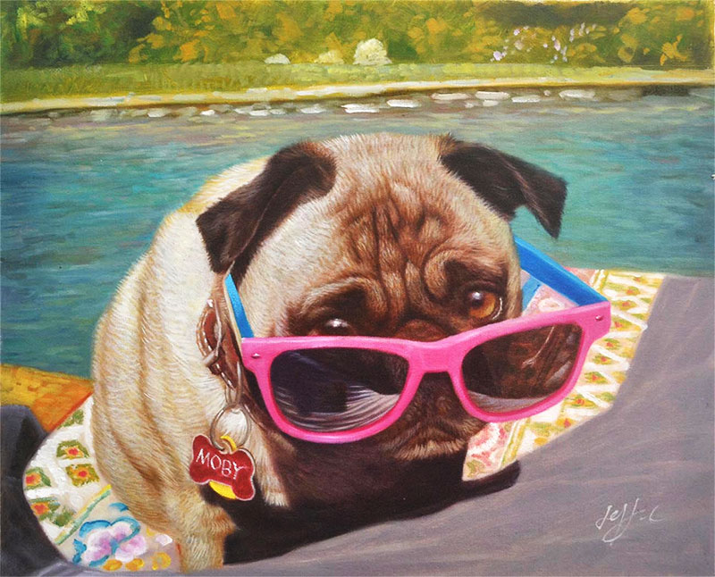 a pug with pink glasses