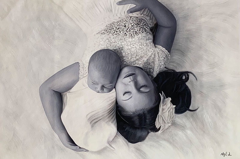 a black and white painting of two siblings