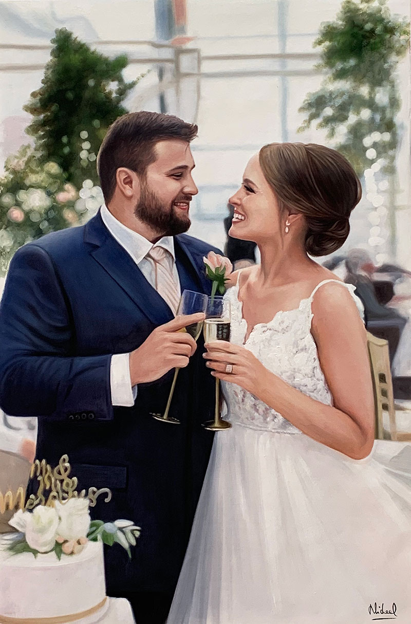 an oil painting of wedding couple with champaingn glasses
