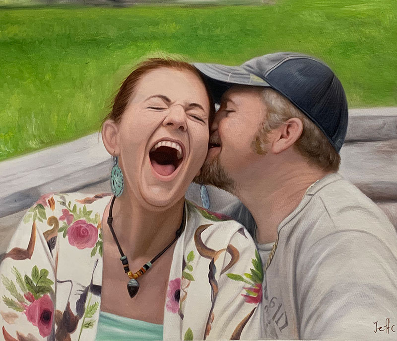 oil painting of laughing woman husband kissing cheek