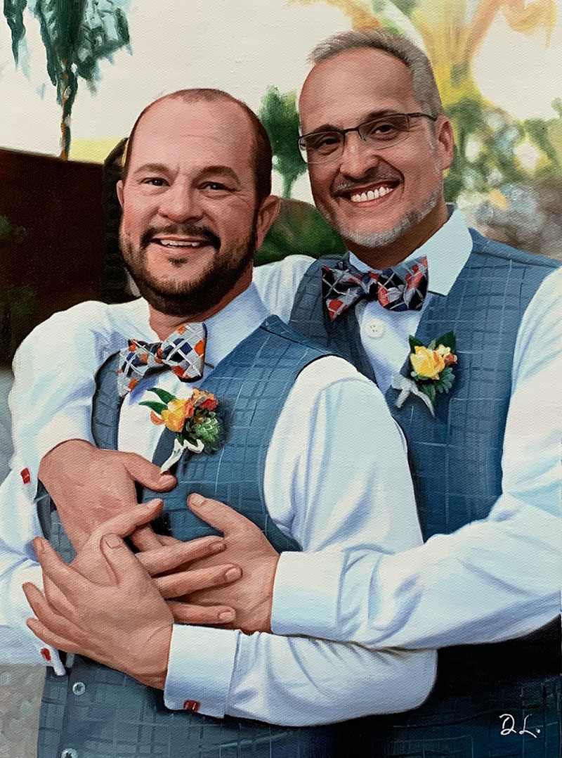 oil painting of happy gay couple on wedding day