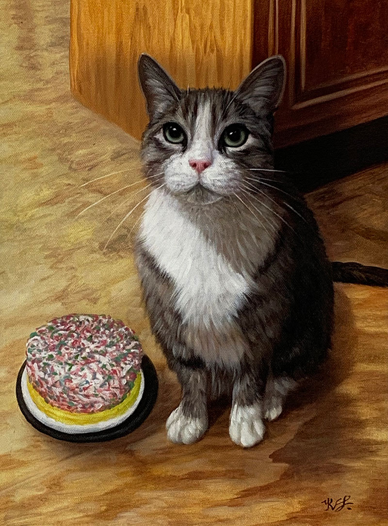 custom oil painting of a cat next to his birthday cake