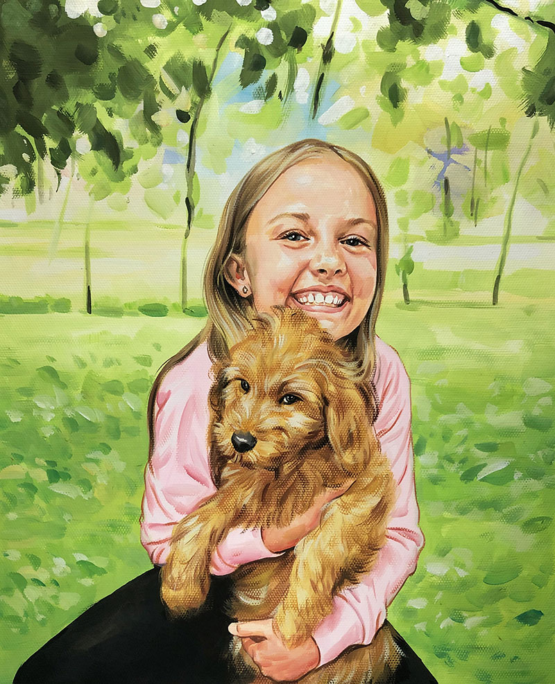 Pastellgemälde von einem Mädchen mit Hund