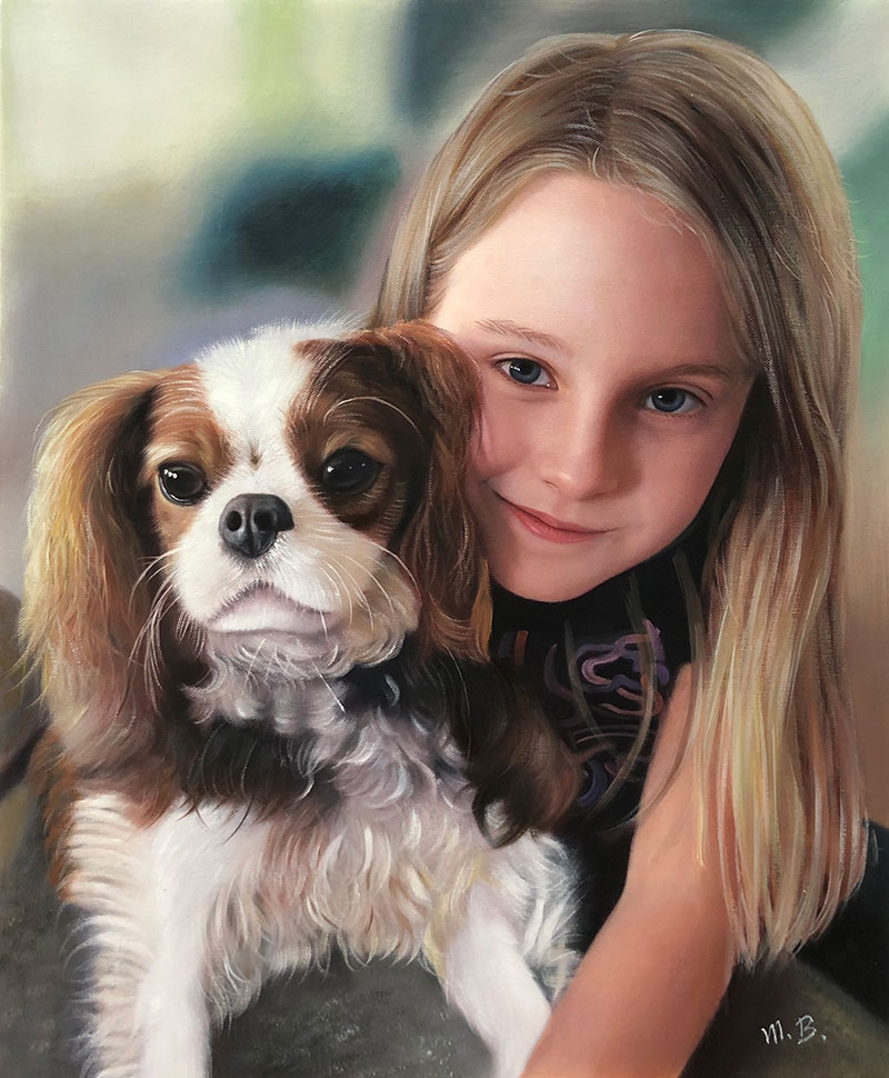 Hund mit Mädchen portratiert in Öl