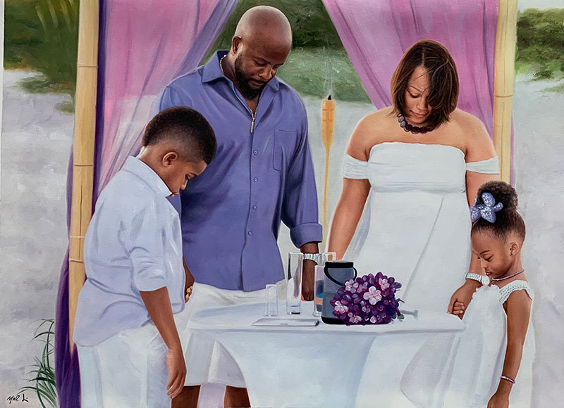 an oil painting of black family at the beach