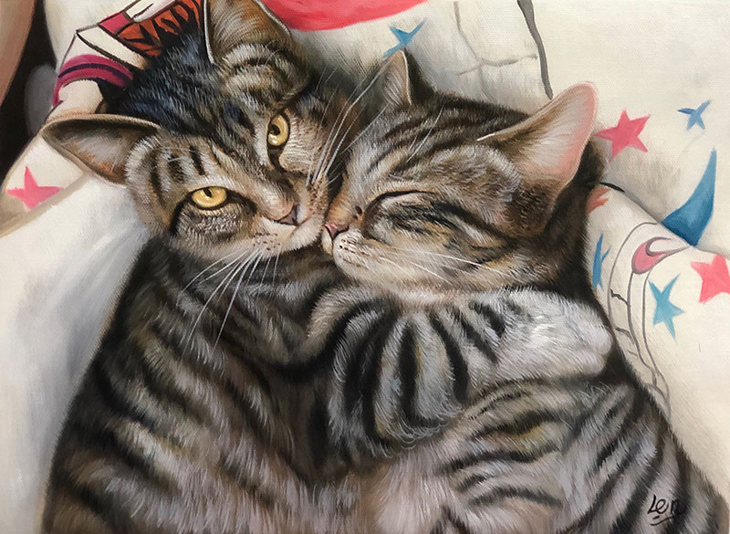 custom oil painting of two striped cats cuddling 