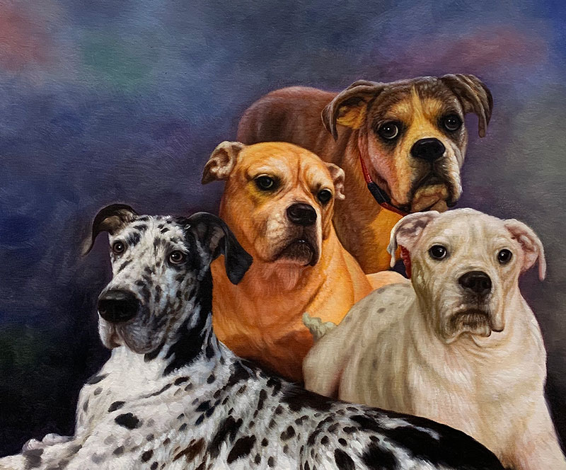 handmade oil painting of multiple dogs on canvas