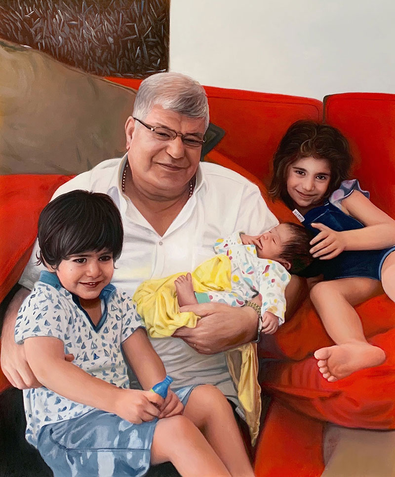 a custom oil painting of grandpa with grandkids