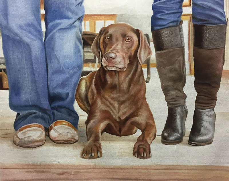 Custom oil painting of a labrador and owners feet