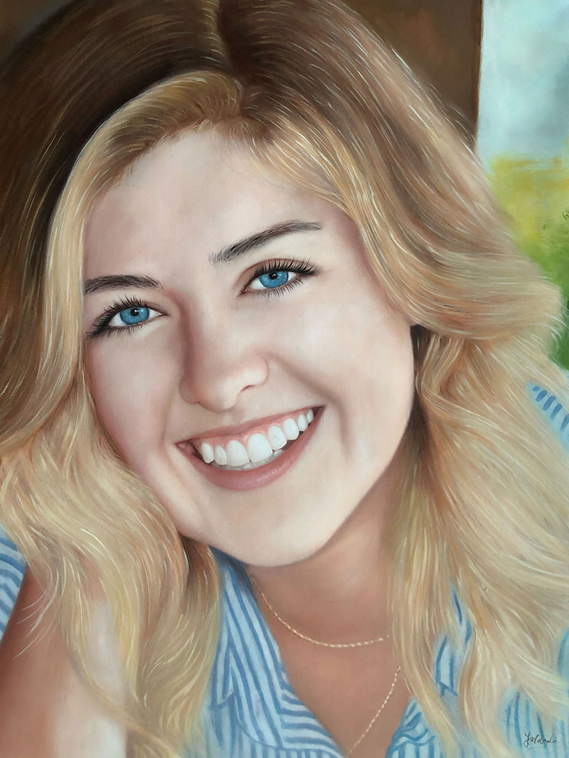 an oil painting of a blond female with blue eyes