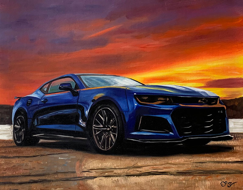 Handmade oil painting of a blue car