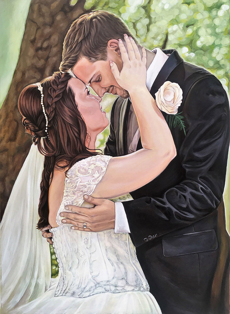 custom acrylic portrait of bride and groom outdoors 
